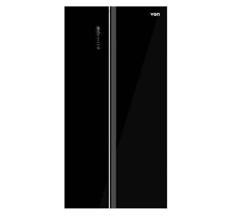 Von 429L Side-by-Side Fridge (VARZ-20NHK). Black Mirror Glass, No-Frost, Digital Control, and 10-year compressor warranty.