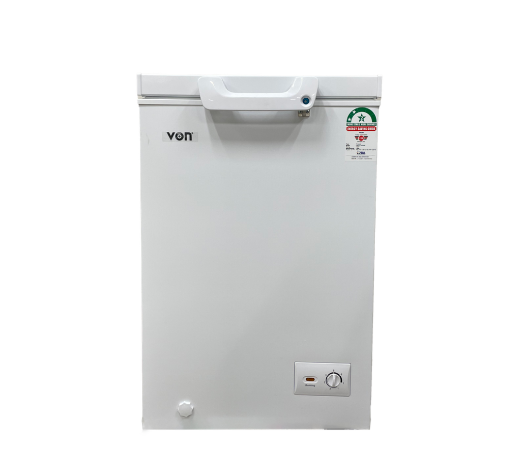 Von 95L Chest Freezer (VAVC10DHW). White, Tropicalized, 1-door, lock & key, LED lighting, and 5-year compressor warranty.