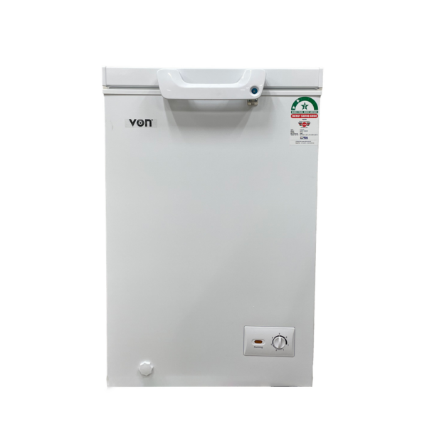 Von 95L Chest Freezer (VAVC10DHW). White, Tropicalized, 1-door, lock & key, LED lighting, and 5-year compressor warranty.