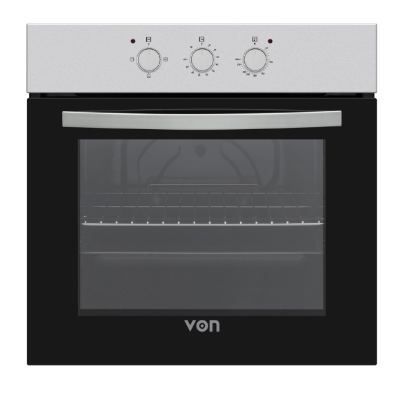 Von Built-In Oven (VBO6031MVX). 73L capacity, 8 functions, Rotisserie, and Digital Timer in black and stainless steel.