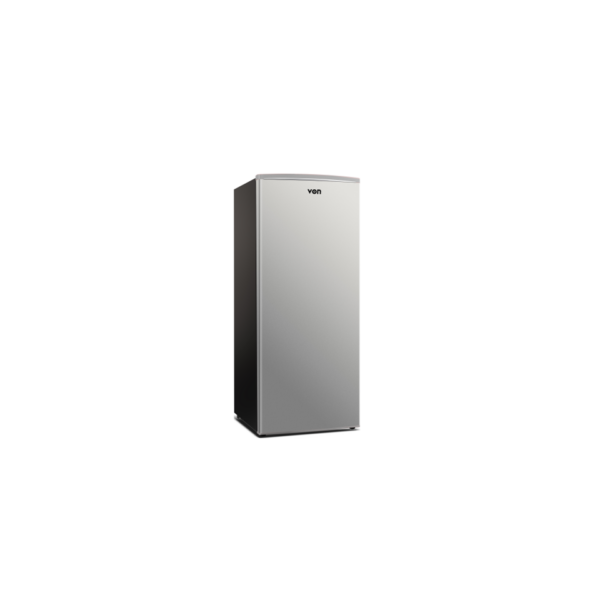 Von 170L Single Door Fridge (VRS-190DRHX). Inox, Direct Cool, large freezer box, glass shelves, and lock with key.