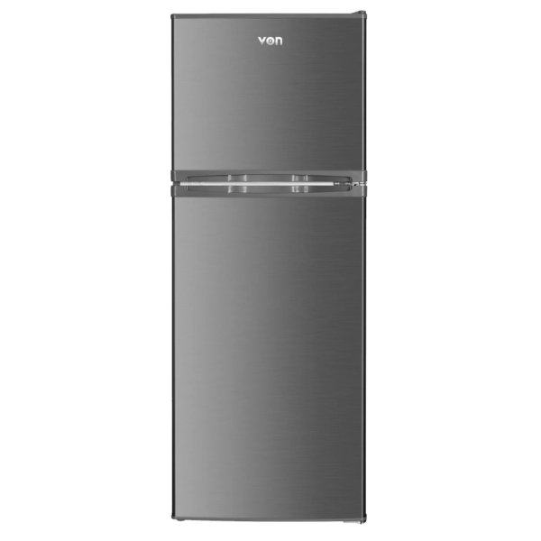 Von 181L Double Door Fridge (VRT-181DRAX). Inox finish, Direct Cool, 4-star freezer, glass shelves, and lock with key.