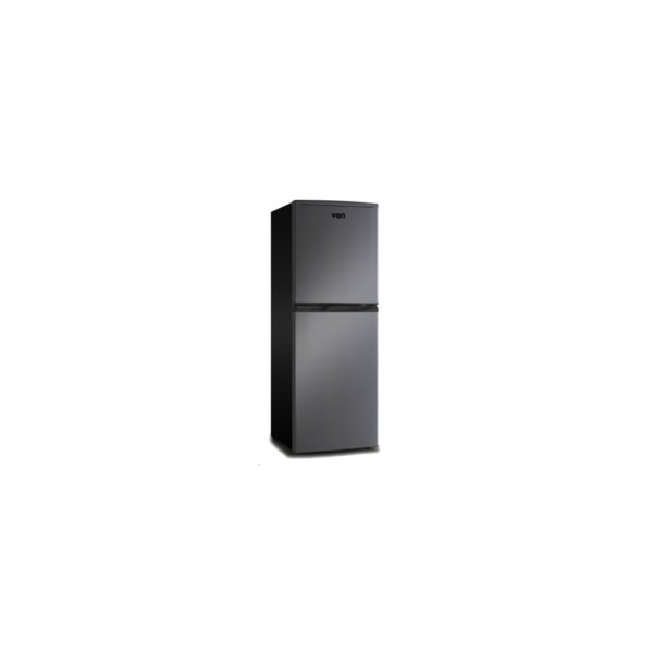 Von 195L Double Door Fridge (VRT-196DRHX). Inox, Direct Cool, 4-star freezer, toughened glass shelves, and lock with key.