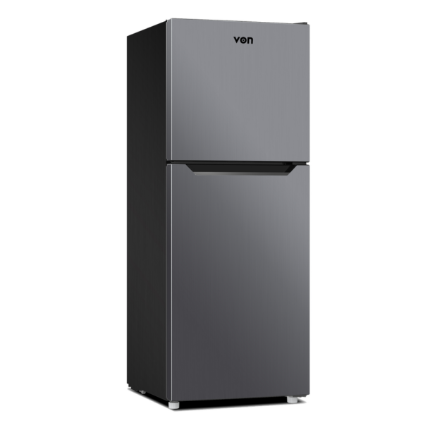 Von 195L Double Door Fridge (VRT-196NVHX). Inox, No-Frost, toughened glass shelves, LED lighting, and 5-year warranty.