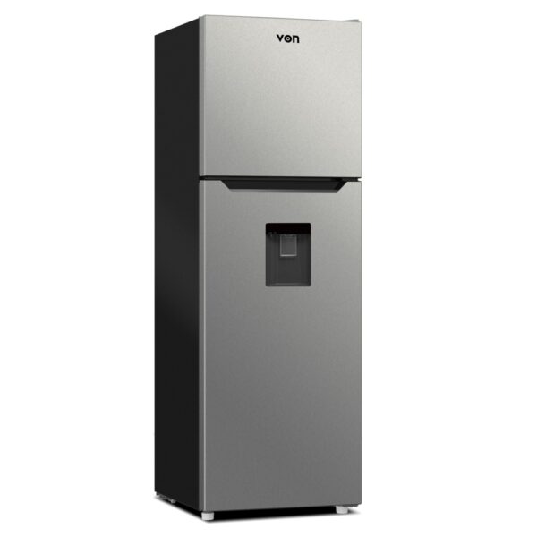 Von 242L Double Door Fridge (VRT-243NVHX). Inox finish, No-Frost, toughened glass shelves, and 5-year compressor warranty.
