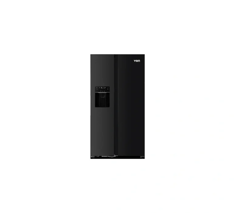 Von 513L Side-by-Side Fridge (VRZ-520NVAK). Dark Inox, Water Dispenser, Inverter Compressor, and 10-year motor warranty.