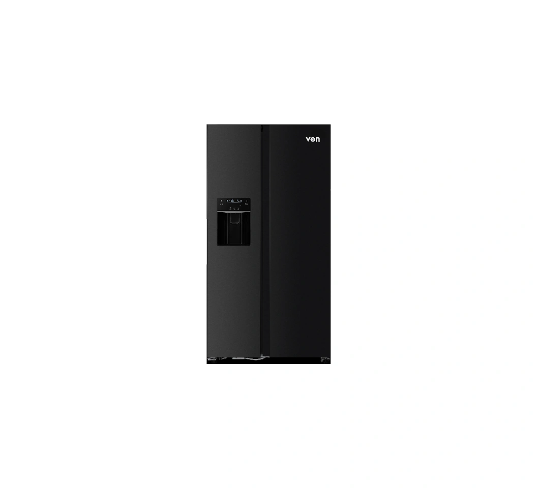 VRZ-520NVAK Von 513L Side-by-Side Fridge (VRZ-520NVAK). Dark Inox, Water Dispenser, Inverter Compressor, and 10-year motor warranty.