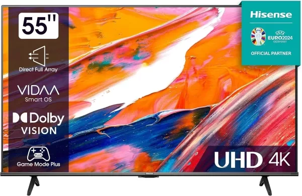 55A6KKEN Hisense 55-inch 4K Smart TV. Frameless bezel-less design with Vidaa OS for fast streaming and gaming.