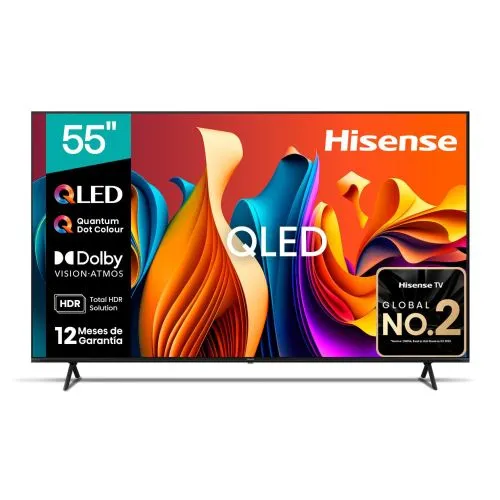 Smart 55" Hisense QLED TV (55Q6NKEN). Features AI 4K Upscaling, Dolby Vision, and Game Mode Plus for smooth performance.