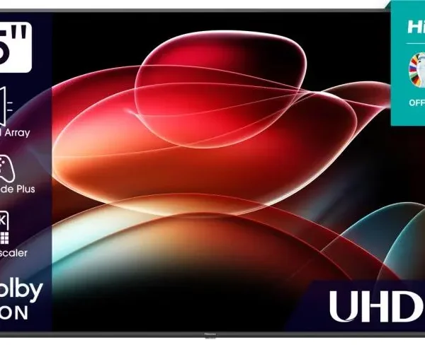 75A6KKEN Hisense 75-inch 4K Smart TV. Frameless bezel-less design with Vidaa OS for fast streaming and gaming.