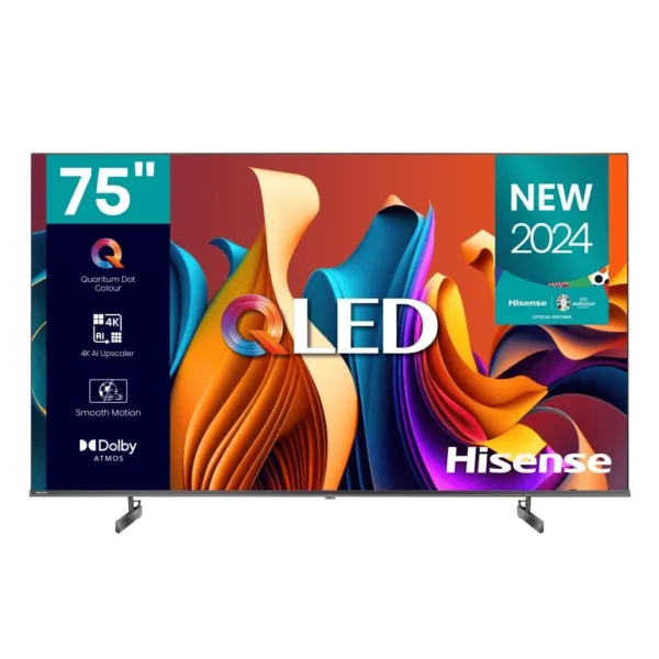 Smart 75" Hisense QLED TV (75Q6NKEN). Features AI 4K Upscaling, Dolby Vision, and Game Mode Plus for smooth performance.