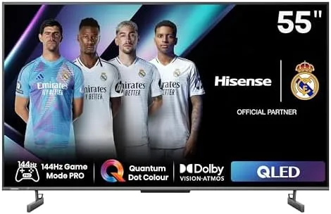 85QNKEN Hisense 85-inch QLED 4K Smart TV. Frameless design with Vidaa OS for fast streaming, gaming, and local apps.