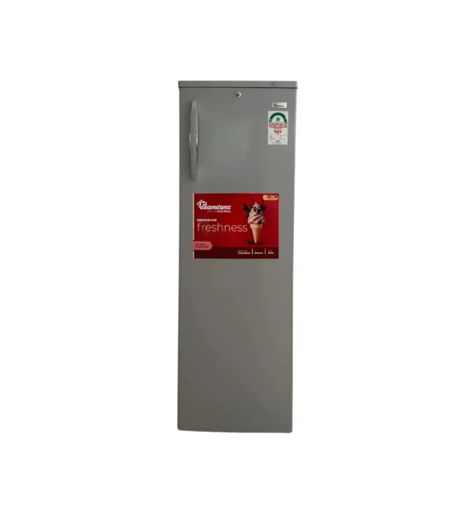 Ramtons 150L Upright Freezer (CF215). White, Tropicalized, 1-door, lock & key, and energy-efficient cooling system.